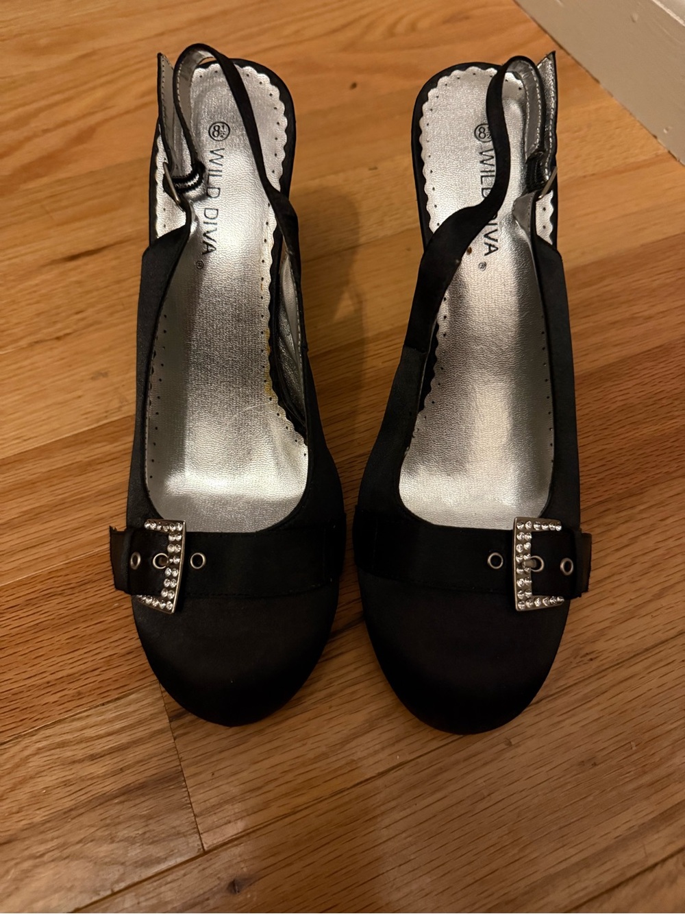 Wild Diva Black Slingback Heels with Rhinestone Buckle